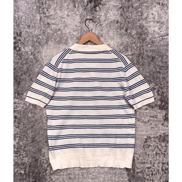 Mr Turk Shirt Large Mens White & Blue Striped Cotton Knit Polo - Picture 3 of 9